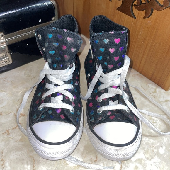Black Hi-Top Converse Sneakers with Metallic Hearts US 3 Youth/ EU 35 CLEAN - Picture 1 of 12